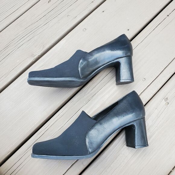 Vintage 90s y2k Black Leather Square Toe Chunky Heel Slinky Heeled Loafers 9 - Picture 4 of 9